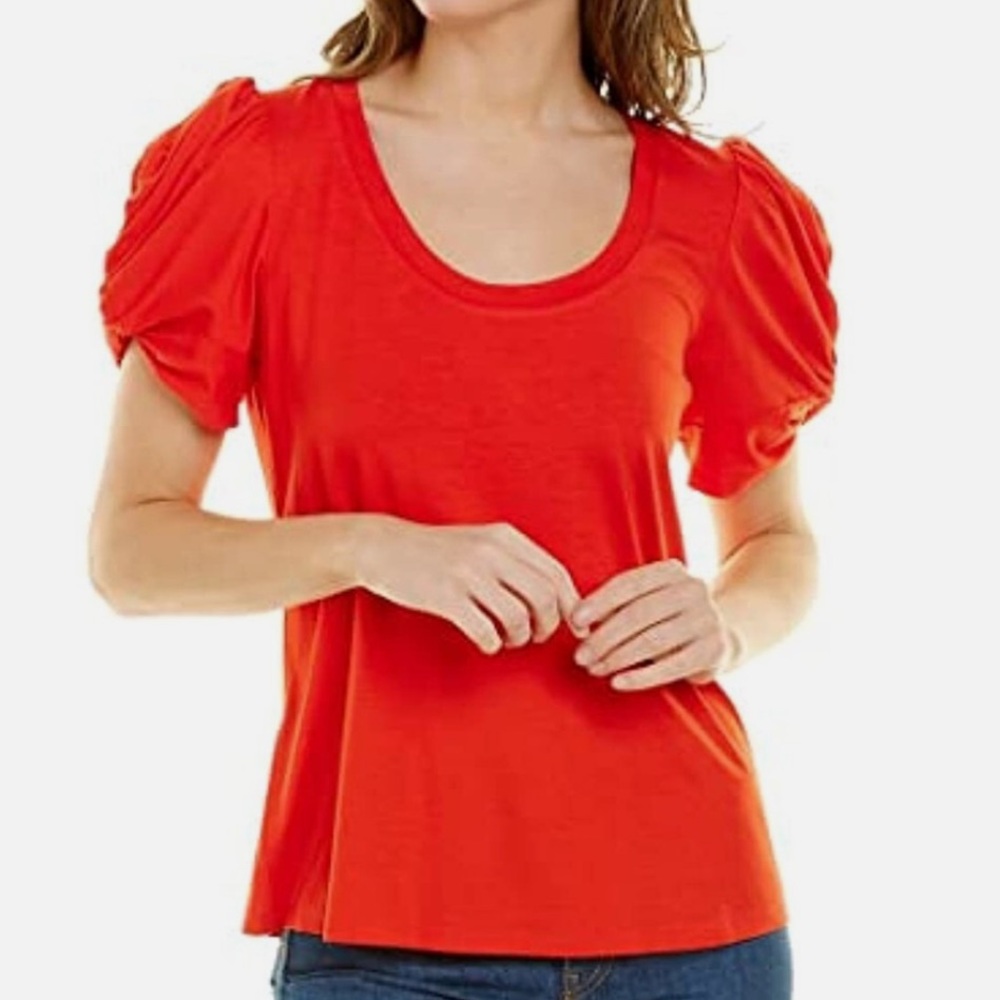 Trina Turk Orange Blouse with Puff Sleeves and Relaxed Style sz M